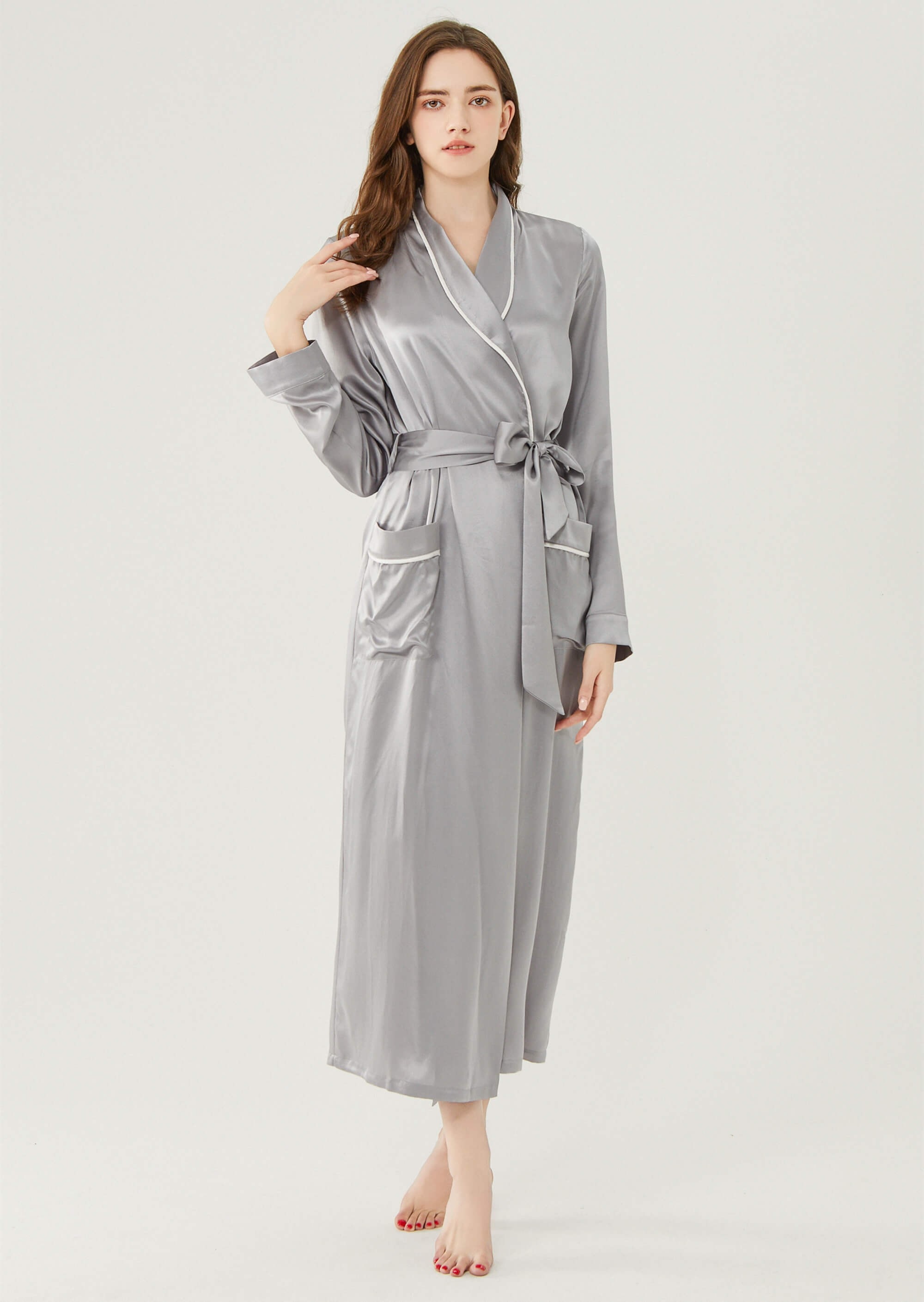 22 Momme Contra Trim And Full Length Silk Robe 0040